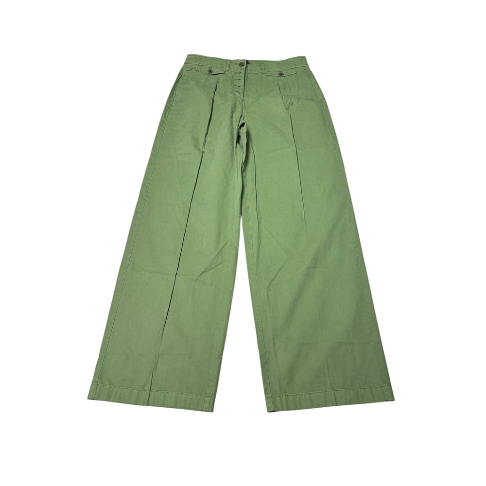 NWt J.Crew Green Wide Leg Pleated Button Front pant Chino Womens Size 8 W32 L30
